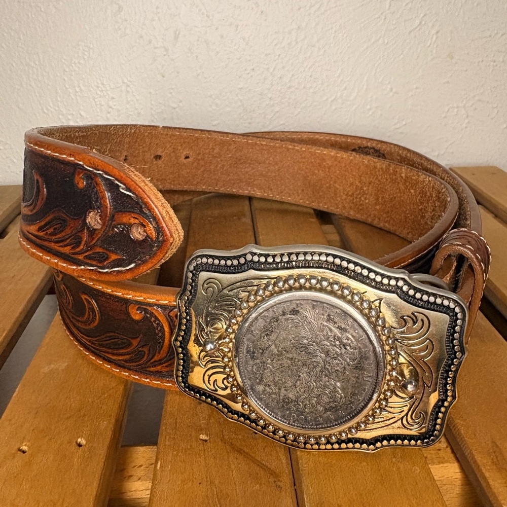 Tony Lama Brown Leather Belt with Ornate Silver and Gold Buckle